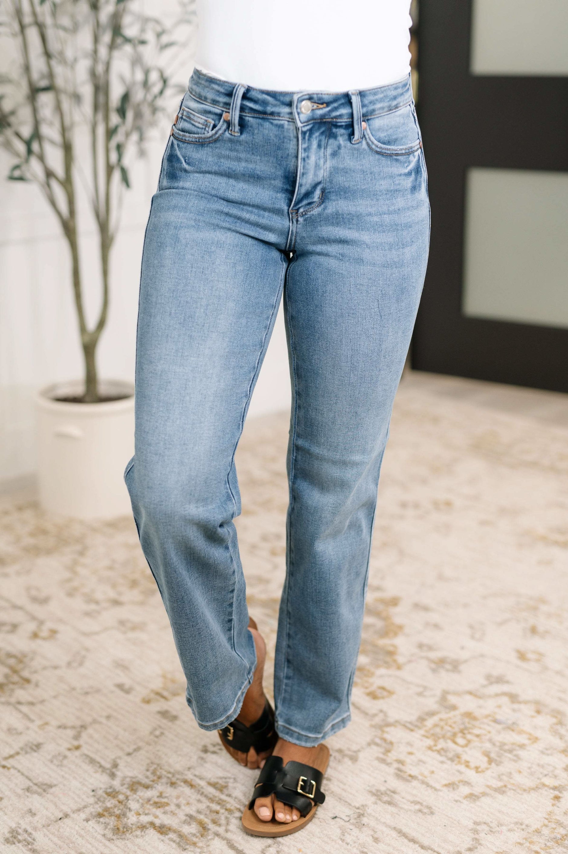 Corrine Mid Rise Control Top Vintage Straight Jeans - SwagglyLife Home & Fashion